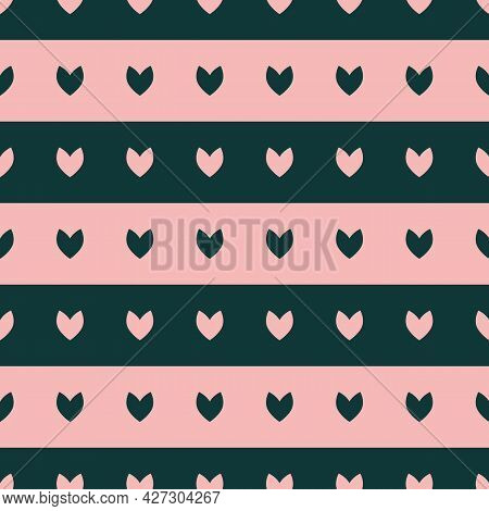 Vector Pink Green Striped Hearts Seamless Pattern