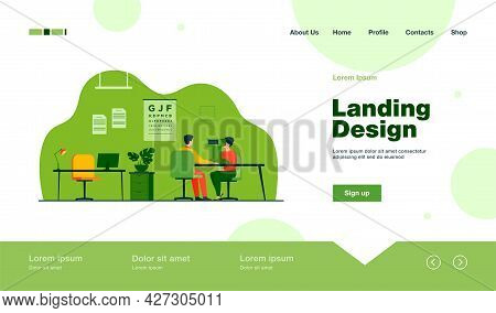Professional Ophthalmologist Examining Patient Eyes Isolated Flat Vector Illustration. Cartoon Oculi
