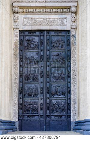 The Bronze Doors And The Colonnade Of The Kazan Cathedral In Saint-petersburg, Russia Under Soft Sun