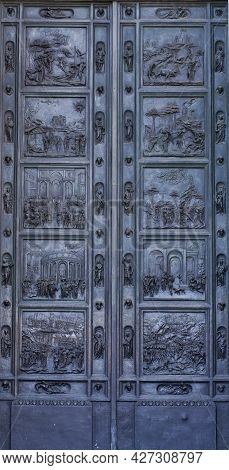 The Bronze Doors And The Colonnade Of The Kazan Cathedral In Saint-petersburg, Russia Under Soft Sun