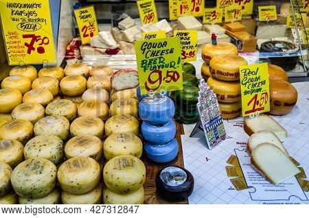 Amsterdam, The Netherlands - November 17, 2018: Dutch Cheese For Sale  In The Albert Cuyp Market, A 