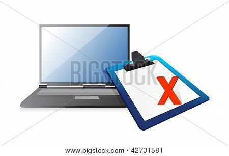 Laptop And Clipboard With Xmark