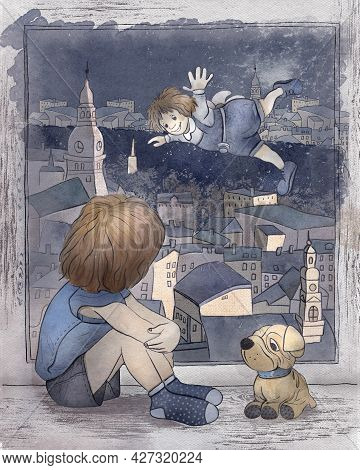 Children's Cartoon Illustration. The Tale Of Carlson Who Lives On The Roof. The Kid Sits On The Wind