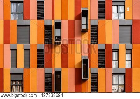 Madrid, Spain - March 7, 2021: Modern Social Housing In Ecobulevar Area Of Vallecas District