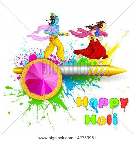 illustration af Radha og Lord Krishna leger Holi