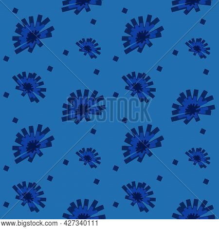 Seamless Floral Pattern With Chicory Flower. Blue Background With Geometric Tracery. Vector Illustra