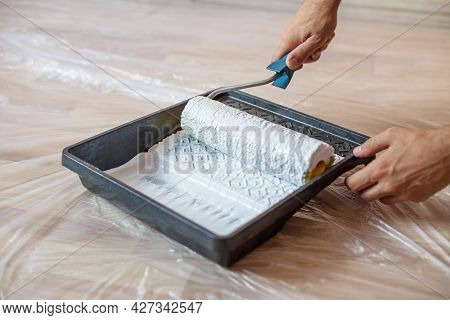 Close Up Of Paint Roller In Tray. Closeup View Of Paint Tray Filled With White Paint. Tools For The 