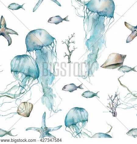 Watercolor Tropical Seamless Pattern Of Jellyfish, Fish, Starfish, Laminaria And Coral. Underwater A
