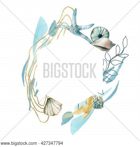 Watercolor Abstract Frame Of Shells, Linear Laminaria And Corals. Underwater Animals And Plant Isola