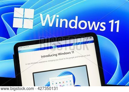 Ostersund, Sweden - July 20, 2021 Windows 11 homepage. Windows 11 is a personal computer operating system developed and released by Microsoft	