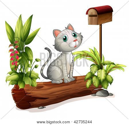 Illustration av en katt över en stam nära trä postlådan på vit bakgrund