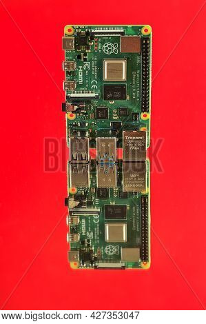 Dublin, Ireland - April 17: Beautiful Closeup View Of Raspberry Pi 4 Model B Minicomputer On Reflect