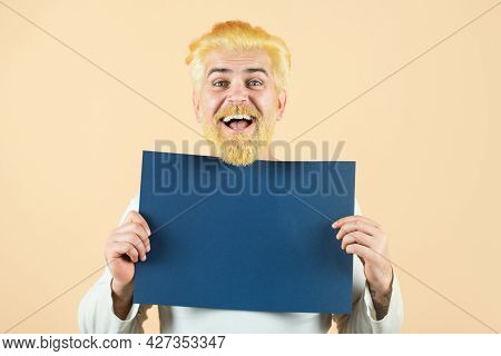 Man Office Worker Holding Advertising Board. Your Text Here. Discount, Business Concept. Blank, Empt