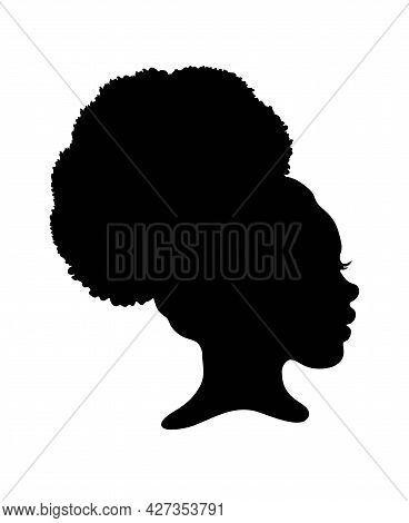 Black Afro African American Little Girl Vector Portrait Profile Head Face Silhouette,natural Curls W