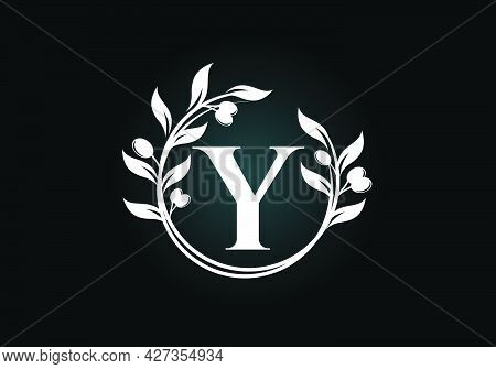 Initial Letter Y Sign Symbol With Olive Branch Wreath. Round Floral Frame Made By The Olive Branch. 