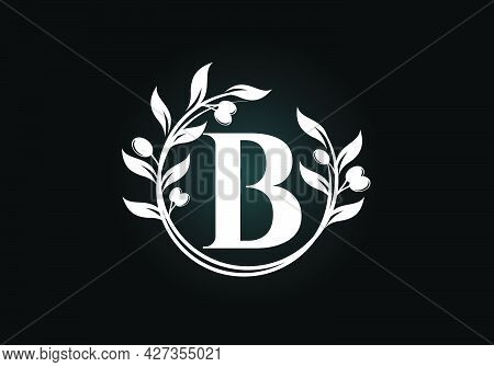 Initial Letter B Sign Symbol With Olive Branch Wreath. Round Floral Frame Made By The Olive Branch. 