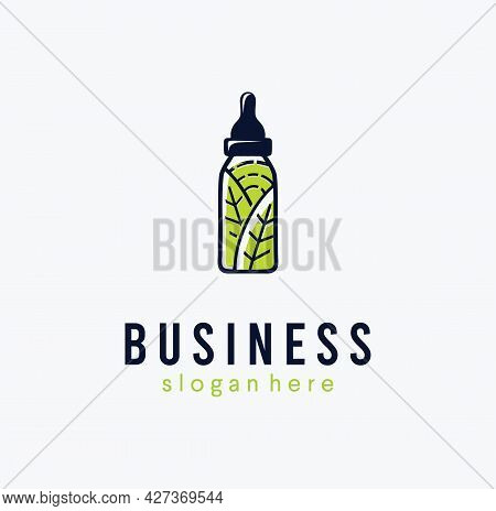 Cbd Oil Glass Bottle Logo Design Illustration Template With Cannabis Leaf Oreganic Nature