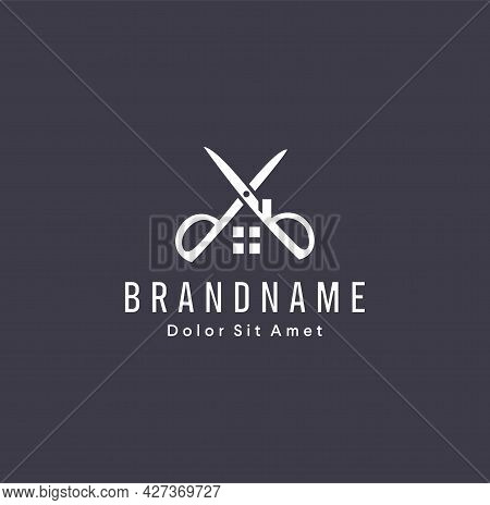 Modern Home Or House With Scissor Logo Symbol Vector Template Illustration. Uppercut Barber Shop Log