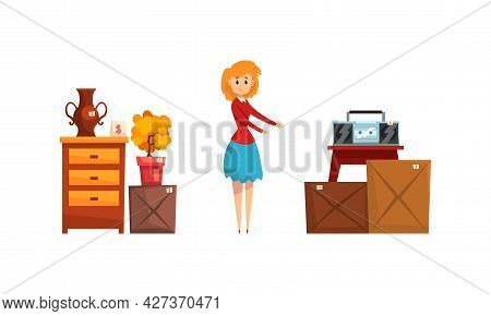 Garage Sale Concept, Woman Selling Or Buying Old Vintage Goods At Flea Market Cartoon Vector Illustr