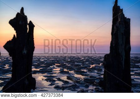 View Of The Wadden Sea During Sunset, At Low Tide. 2 Wooden Posts As A Silhouette In The Mud. Unesco