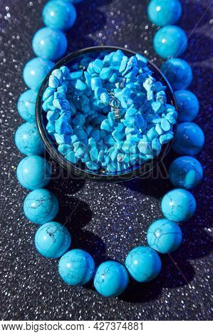 Beautiful Blue Beads. The Concept Of A Beautiful, Elegant Life And Beautiful Decoration For Woman