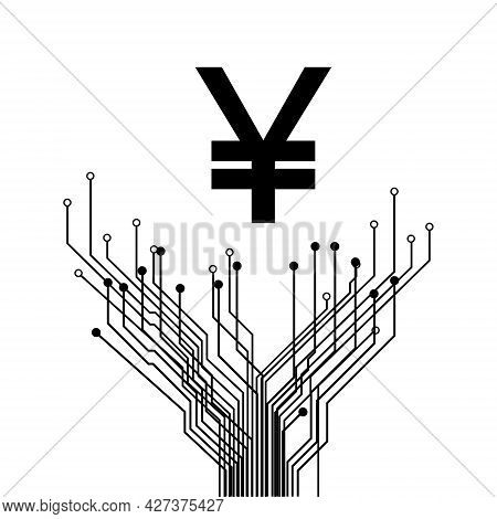 Yuan Cny Digital Coin Symbol Over Pcb Branching Tracks Isolated On White. China Currency Icon. Vecto