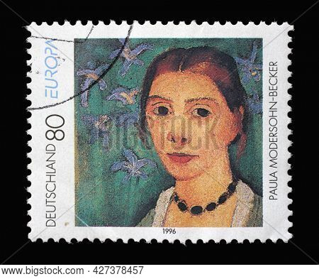 ZAGREB, CROATIA - AUGUST 29, 2014: A stamp printed in Germany shows Self-portrait, by Paula Modersohn-Becker (1876-1907), circa 1996