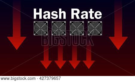 Hash Rate Fallen Red Down Arrow. Mining Power Has Dropped. Banner For News. Vector Illustration.