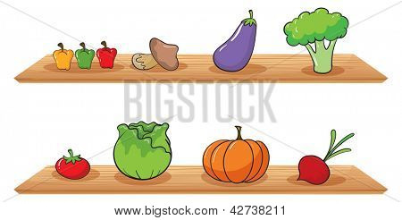 Illustrazione di frutta presso i ripiani in legno su sfondo bianco