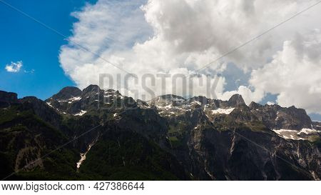 Scenic Paradisiac Landscape View Of Albanian Alps Mountains. Traveling, Exploring, Holiday Concept