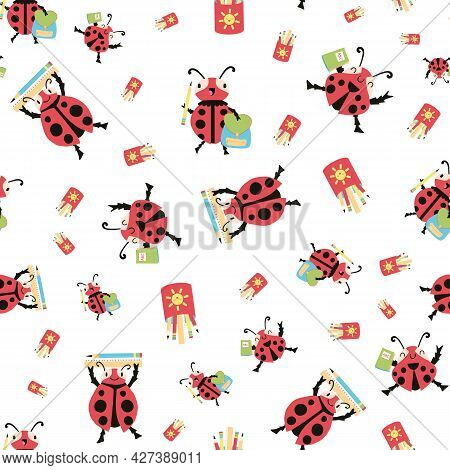Ladybug Back To School Vector Seamless Pattern Background. Fun Cartoon Kawaii Ladybird Characters Wi