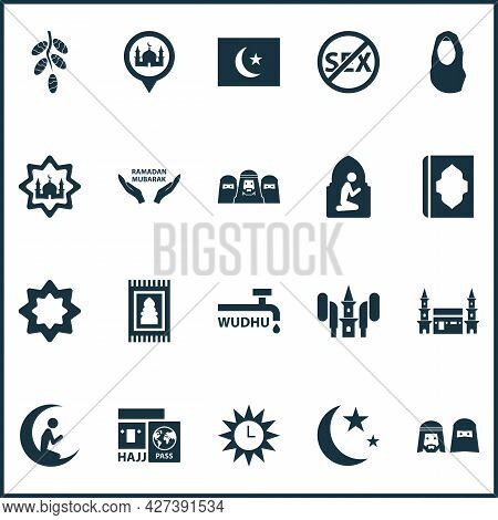 Religion Icons Set With People, Prayer, Azan And Other Hejaz Elements. Isolated Vector Illustration 