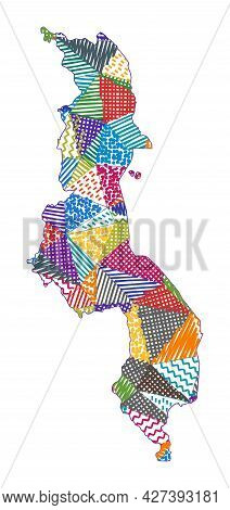 Kid Style Map Of Malawi. Hand Drawn Polygons In The Shape Of Malawi. Vector Illustration.