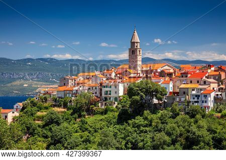 Vrbnik, Croatia. Aerial Cityscape Image Of Iconic Village Of Vrbnik, Croatia Located On Krk Island A