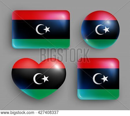 Set Of Glossy Buttons With Libya Country Flag. Northern Africa Republic National Flag, Shiny Geometr