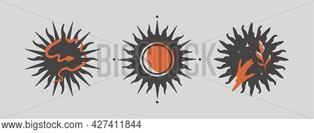 Three Black Abstract Stars With Orange Elements. Modern Minimal Style. Set Of Esoteric Mystical Cele