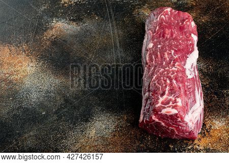 Raw Beef Filet Mignon Steak Cut Set, On Old Dark Rustic Background, With Copy Space For Text