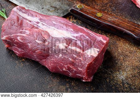 Gourmet Portion Of Raw Fresh Marbled Beef Fillet Set, On Old Dark Rustic Background