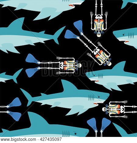 Shark And Skeleton Diver Pattern Seamless. Marine Predator Ate Frogman Background. Diver's Death Tex