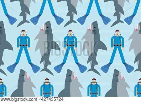 Shark And Diver Pattern Seamless. Hammerhead Shark And Frogman Background. Marine Predator Texture