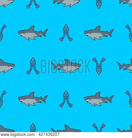 Shark And Diver Pattern Seamless. Hammerhead Shark And Frogman Background. Marine Predator Texture