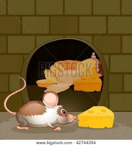 Ilustrace díru ve zdi s chlebem a sýrem
