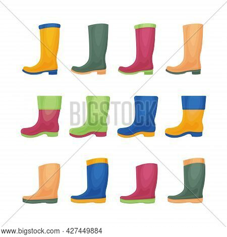 A Large Set With The Image Of Rubber Boots Of Various Colors And Shapes. Rubber Shoes For Walking In
