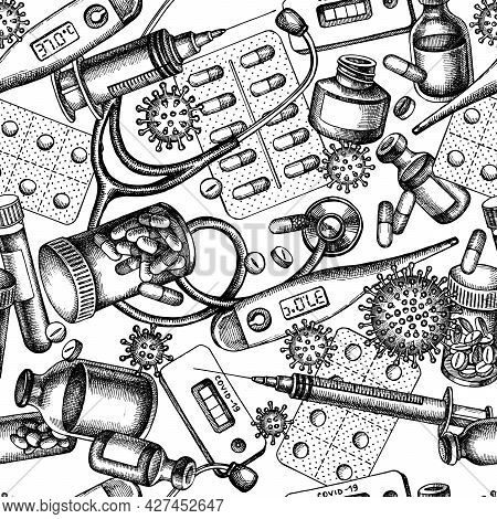 Seamless Pattern With Black And White Vial Of Blood, Pills And Medicines, Medical Thermometer, Coron