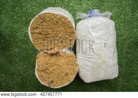 A Lump Of Oyster Mushroom For Growing In Farm Mushroom Cubes On Green Artificial Grass.