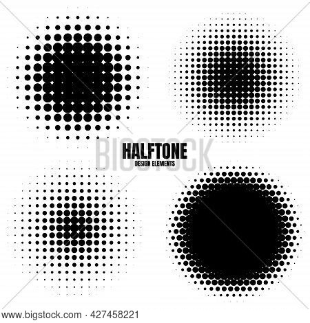 Circle Halftone Design Elements With Black Dots Isolated On White Background. Comic Dotted Pattern.v