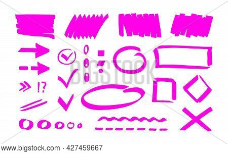 Pink Marker Highlighter Shapes, Marks, Strokes, Pointers, Lines. Simple Hand Drawn Editable Design E