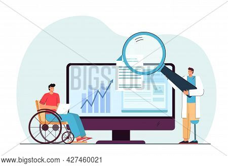 Disabled People Working Online Flat Vector Illustration. Men With Prostheses And In Wheelchair Doing