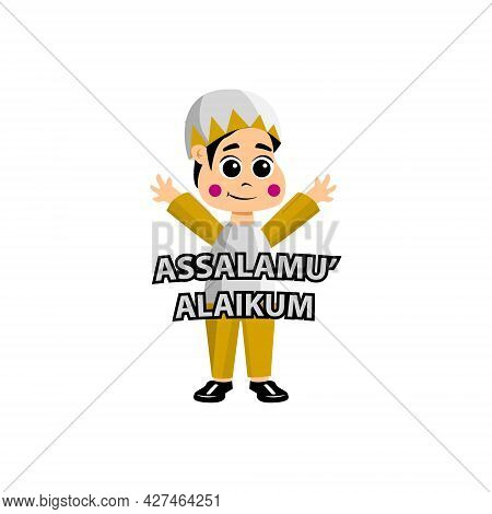 Illustration Assalamu Alaikum Muslim Boy Kid Isolated On White Background