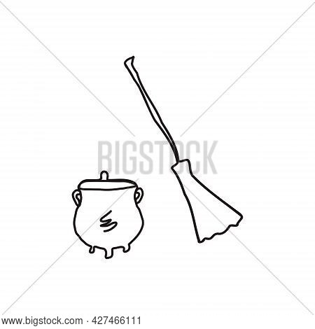 Witch Set. Broom And Bowler Hat. Halloween Holiday